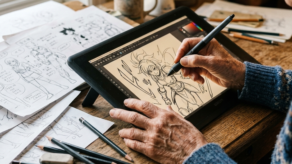 机の上でデジタルペンを使って漫画のキャラクターの下絵を描いている手元の様子